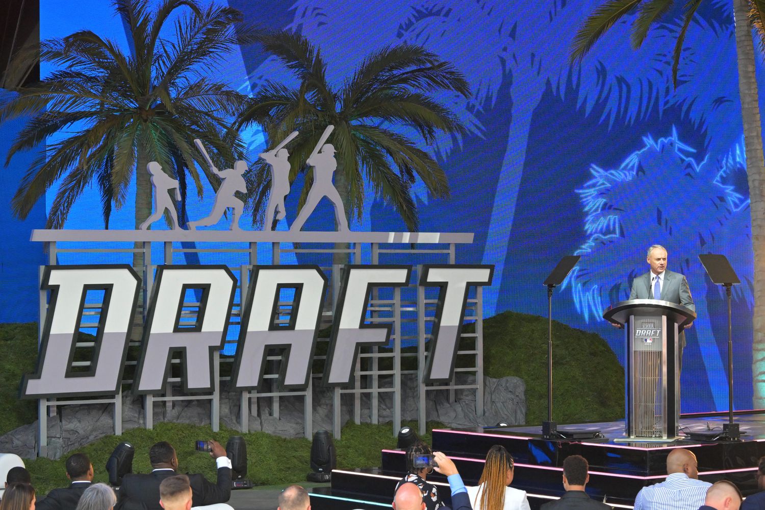 Jul 17, 2022; Los Angeles, CA, USA; Rob Manfred, commissioner of Major League Baseball speaks at the MLB draft stage at XBox Plaza at LA Live.